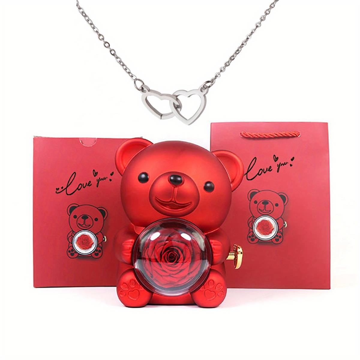 Weinloves Heart Necklace with Real Rose Bear Gift Box