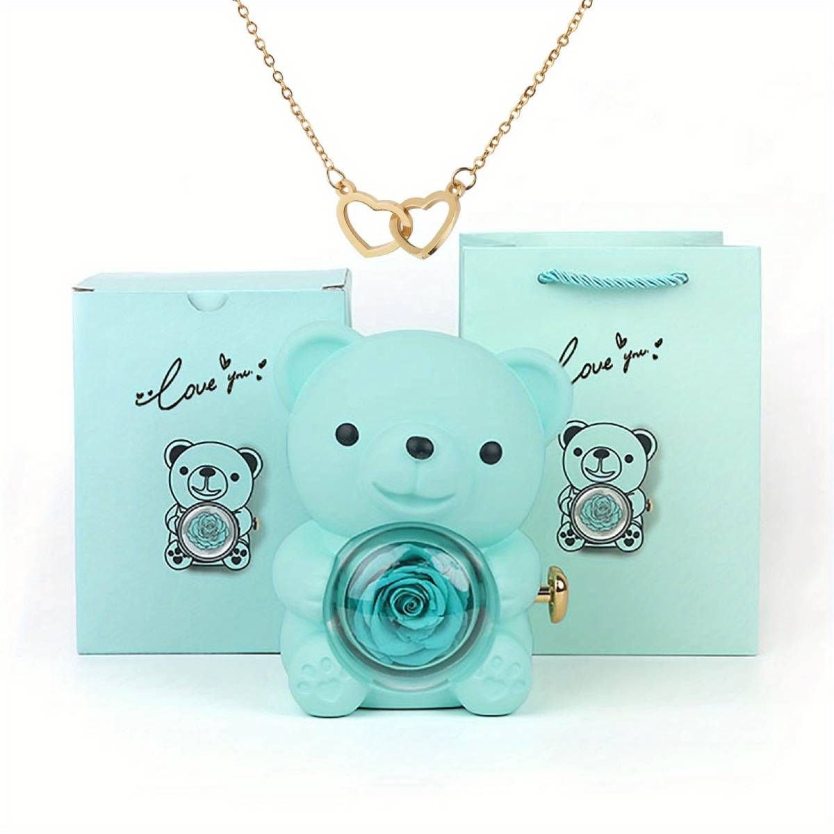 Weinloves Heart Necklace with Real Rose Bear Gift Box
