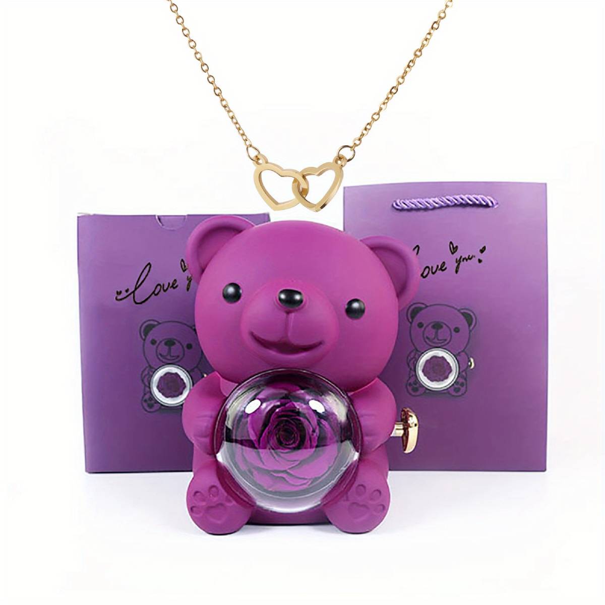 Weinloves Heart Necklace with Real Rose Bear Gift Box