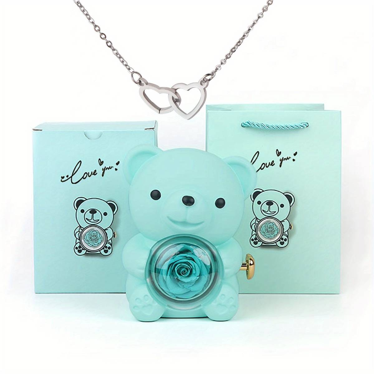 Weinloves Heart Necklace with Real Rose Bear Gift Box