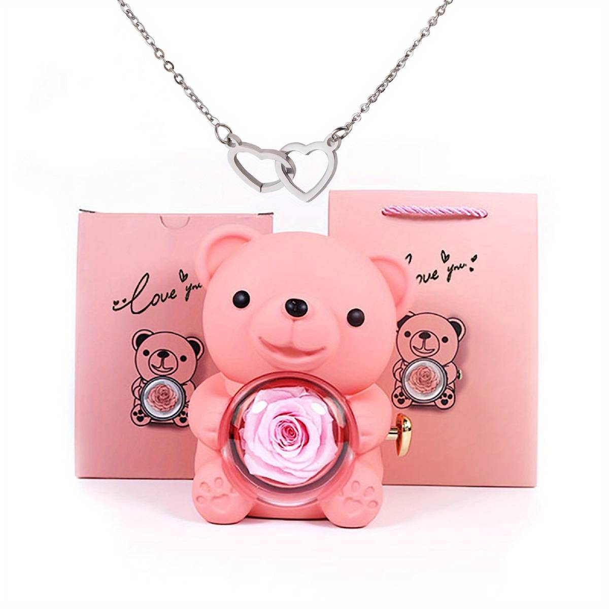 Weinloves Heart Necklace with Real Rose Bear Gift Box