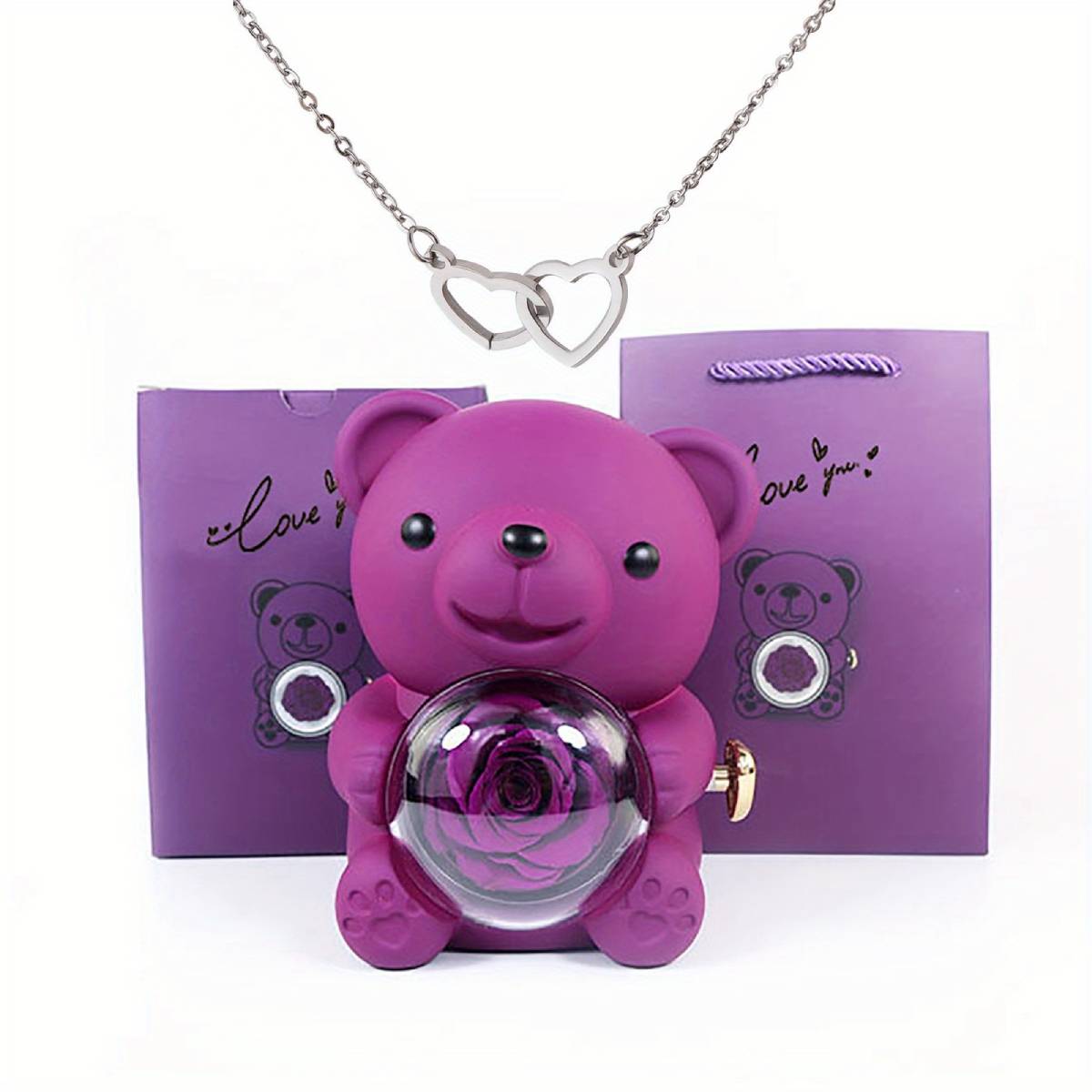 Weinloves Heart Necklace with Real Rose Bear Gift Box