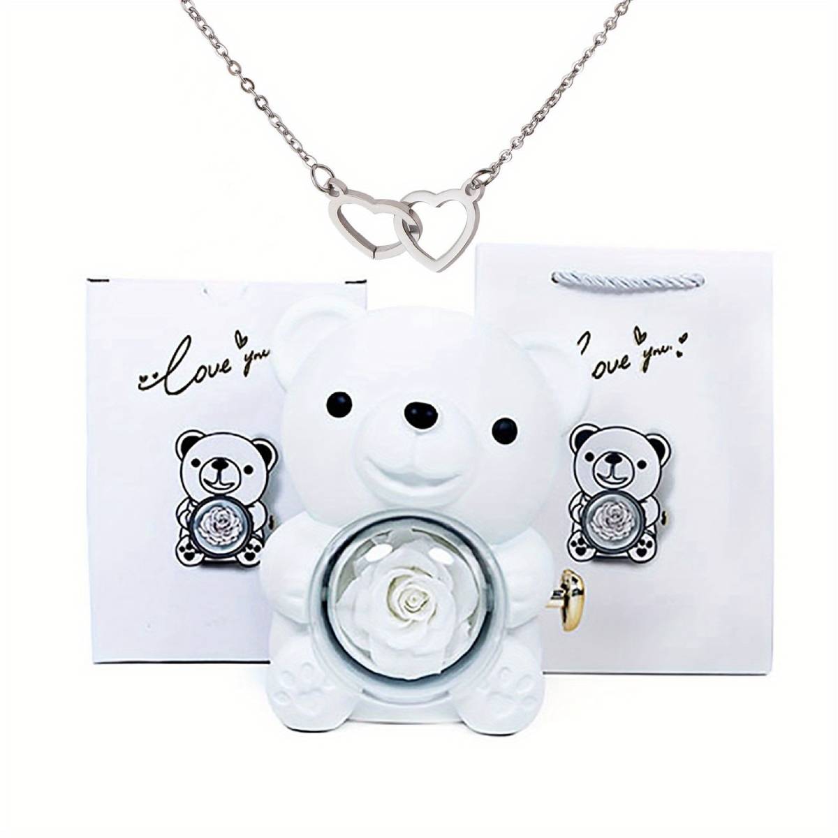 Weinloves Heart Necklace with Real Rose Bear Gift Box
